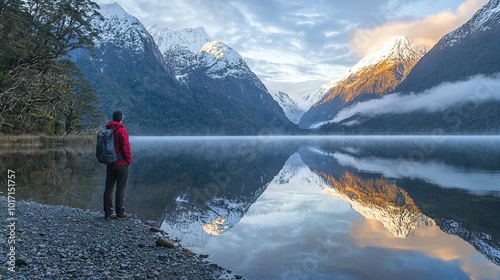 A serene landscape featuring a person gazing at mountains reflected in a calm lake under a cloudy sky.