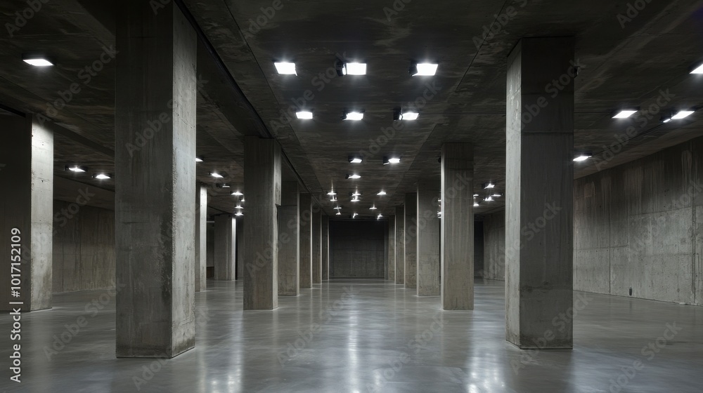 Naklejka premium A concrete exhibition hall with towering pillars and ambient square ceiling lights, designed to host large-scale art displays, with an unfinished floor that adds to the raw aesthetic.