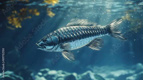 A sleek, polished metallic tigerfish swimming through a chrome ocean.