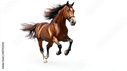 A brown horse gallops with its mane and tail flowing in the wind, isolated on a white background.