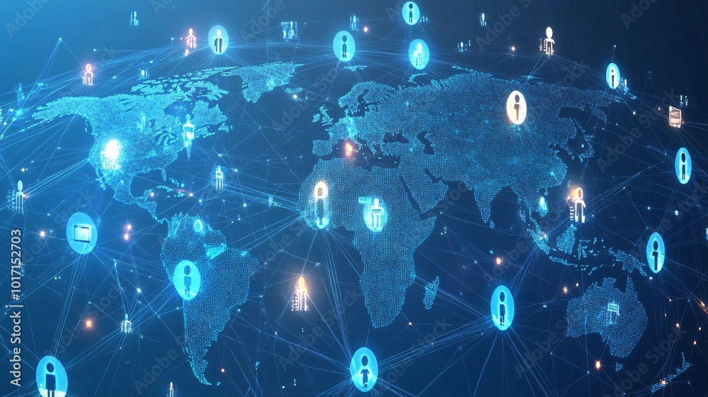 Obraz premium Global Network of Interconnected People Represented by Icons on a Digital World Map