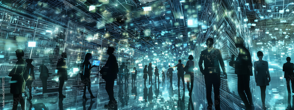Crowd of people in futuristic data center Crowd of people in futuristic data center