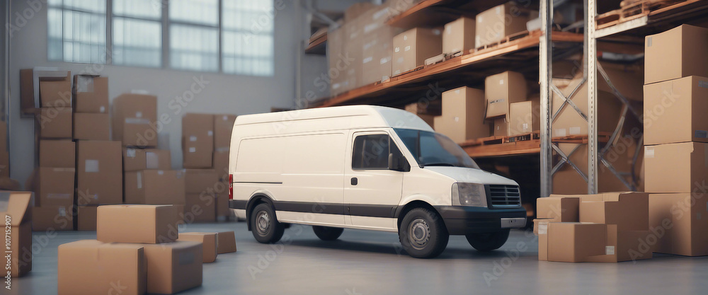 A delivery van is parked at the warehouse loaded with cardboard boxes A truck delivering orders purc A delivery van is parked at the warehouse loaded with cardboard boxes A truck delivering orders purc