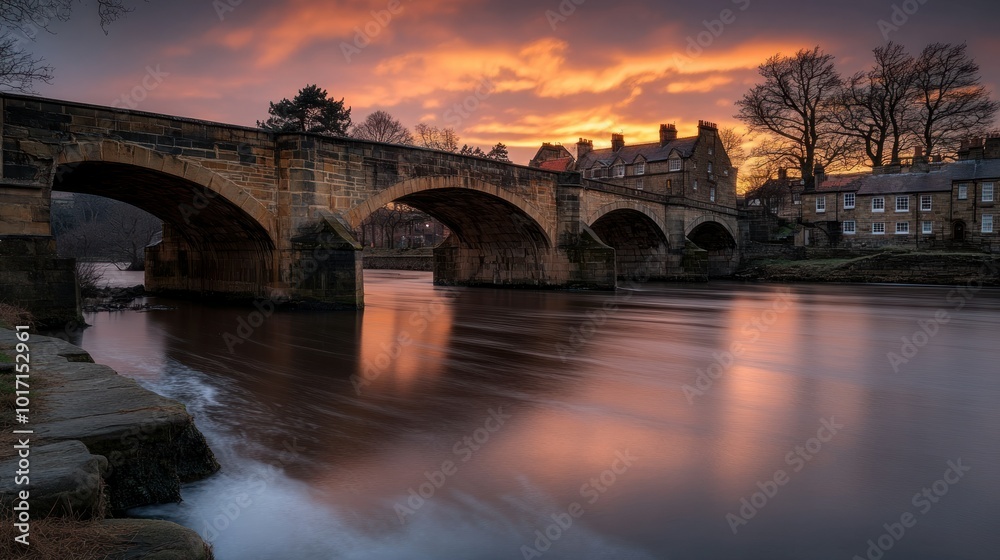 Stone Bridge Over River at Sunset With Pink Clouds and Silhouetted Trees Stone Bridge Over River at Sunset With Pink Clouds and Silhouetted Trees