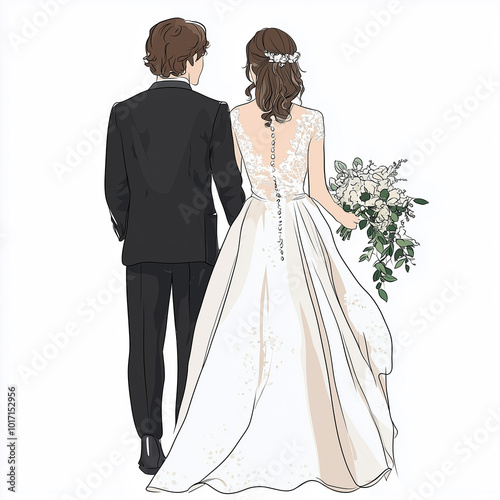 Rear view of just married couple, cartoon style. Cut out, white background, isolated.