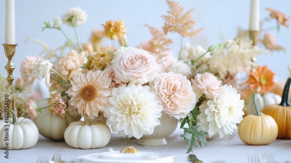 A chic fall wedding table setting featuring soft pastel flowers like blush roses and cream chrysanthemums, complemented by delicate mini pumpkins and golden gourds, creating a sophisticated look. A chic fall wedding table setting featuring soft pastel flowers like blush roses and cream chrysanthemums, complemented by delicate mini pumpkins and golden gourds, creating a sophisticated look.