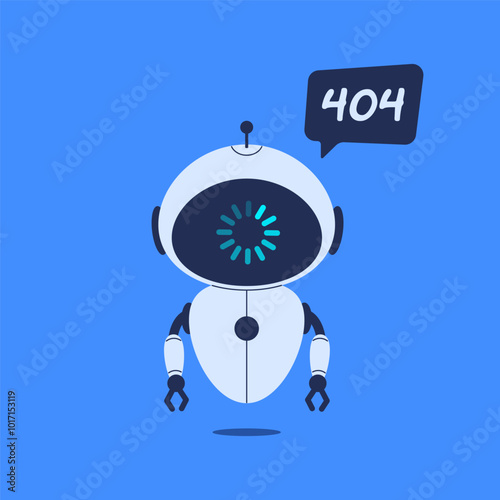 Robot reporting 404 error. Vector illustration in flat style for website error pages, tech themed designs and user interface elements