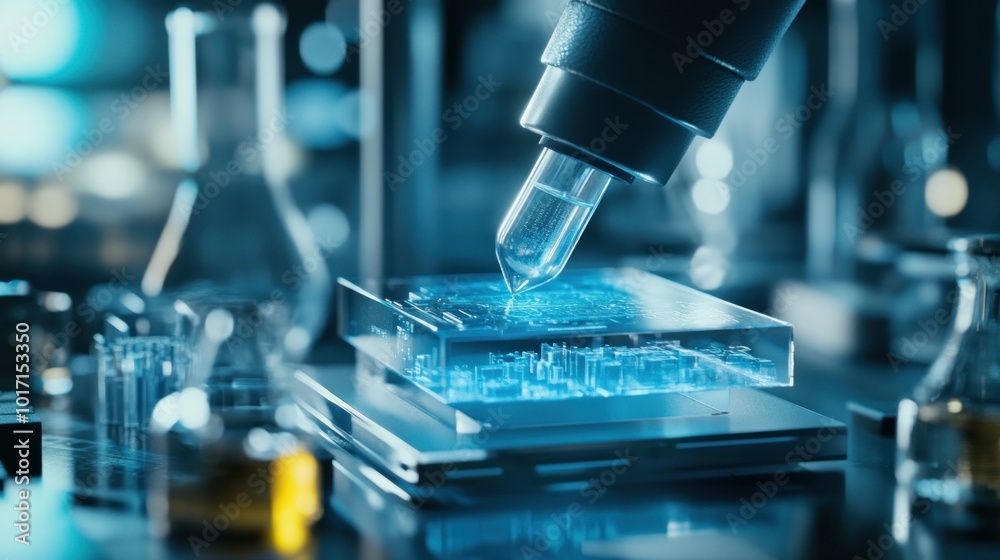 A Pipette Dispensing Liquid Onto a Circuit Board in a Laboratory Setting A Pipette Dispensing Liquid Onto a Circuit Board in a Laboratory Setting