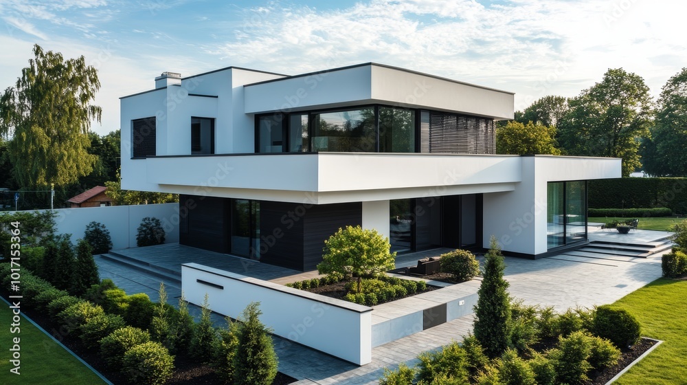 Fototapeta premium A contemporary white house with modern architecture in a suburban neighborhood in Poland.