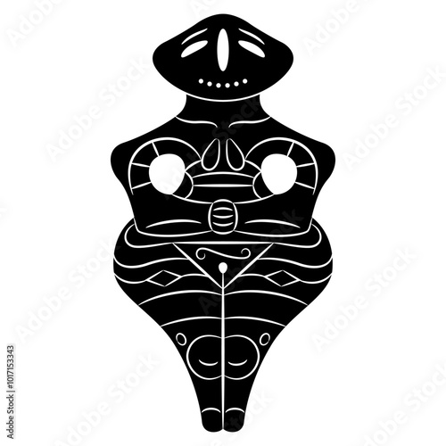 Neolithic fertility goddess. Ancient female figurine from Vinča culture, Serbia. Great Mother archetype. Black and white silhouette.