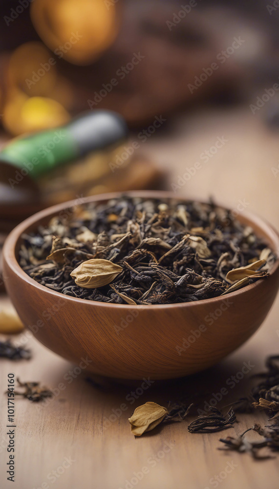A wooden bowl and capsule contain a variety of dried tea leaves vertical A wooden bowl and capsule contain a variety of dried tea leaves vertical