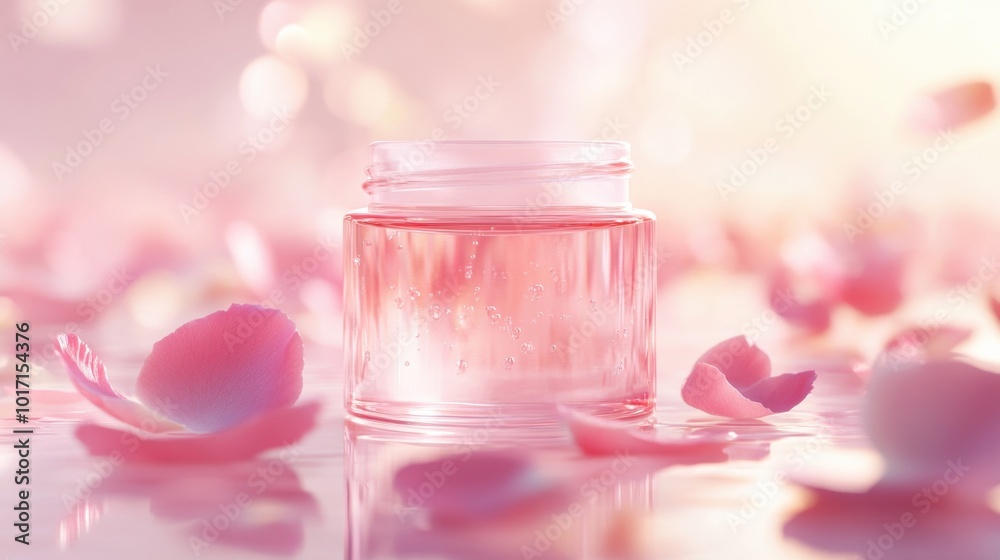 A cosmetic jar mockup for a serum, showcasing a clean, transparent design, surrounded by floating petals and soft light to create an ethereal atmosphere. A cosmetic jar mockup for a serum, showcasing a clean, transparent design, surrounded by floating petals and soft light to create an ethereal atmosphere.