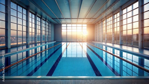 Indoor swimming pool with large windows and sunrise view