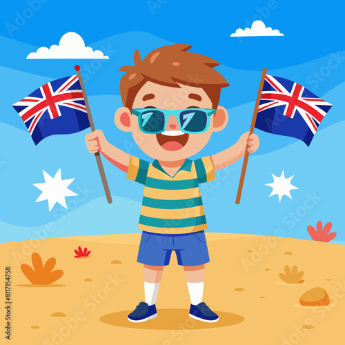 Happy Child Celebrating Australia Day with Flags on Beach