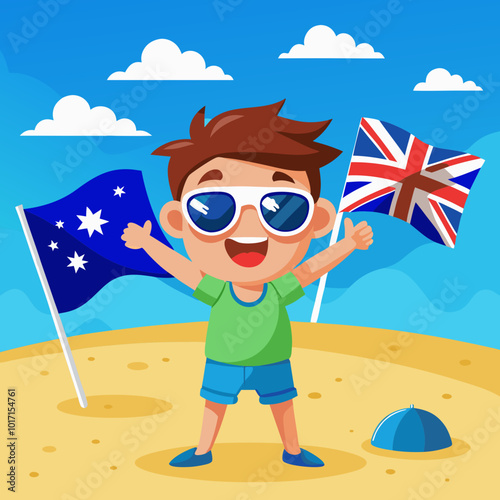 Happy Child Celebrating Australia Day with Flags on Beach