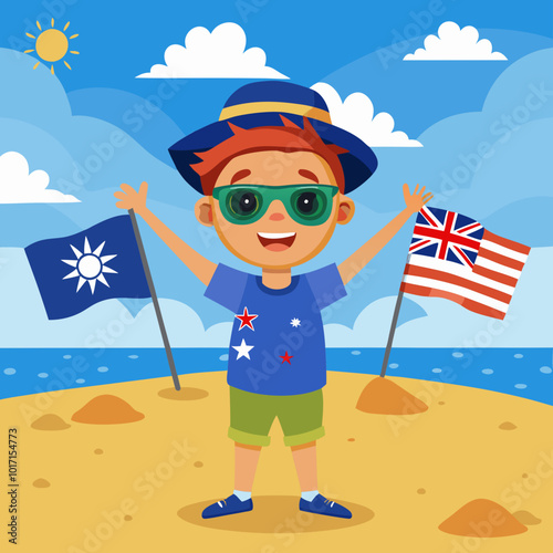 Happy Child Celebrating Australia Day with Flags on Beach