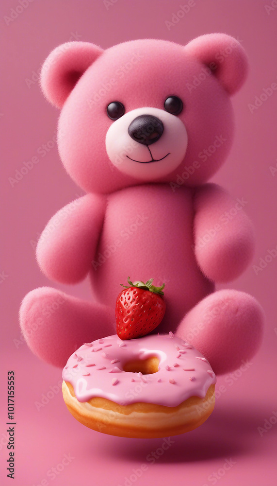 An illustration of a strawberry donut and a pink bear doll for a good every day slogan vertical An illustration of a strawberry donut and a pink bear doll for a good every day slogan vertical