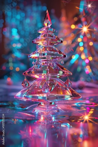 A crystal Christmas tree stands elegantly on a table, adorned with shimmering lights reflecting charm and elegance.