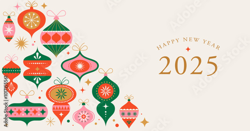Christmas card, banner in modern minimalist geometric style. Merry Christmas colorful illustration in flat cartoon style. Xmas backgrounds with geometric patterns, stars