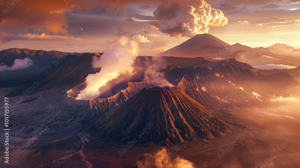 Fototapeta premium Dramatic Volcanic Eruption in Stunning Mountainous Landscape at Sunset