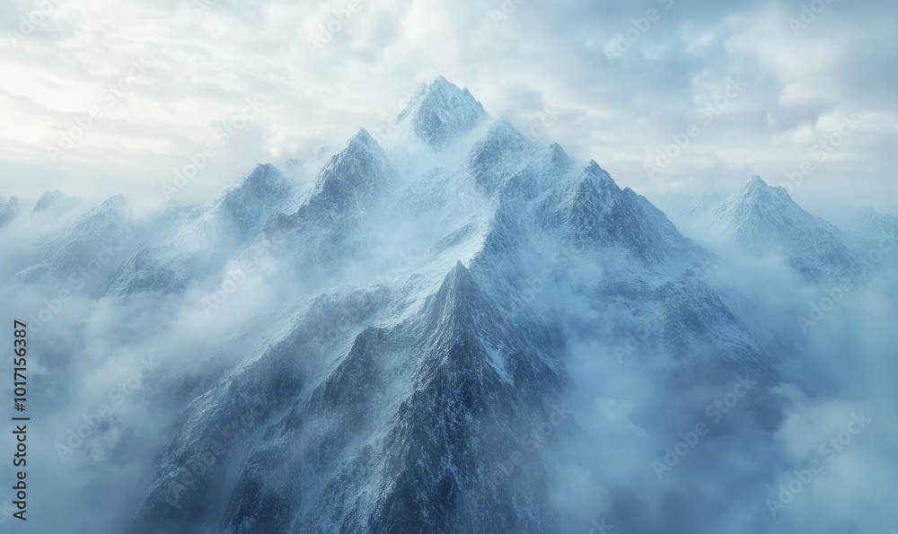 Aerial view of a dramatic mountain range, with jagged peaks dusted with snow and misty clouds swirling around the summits Aerial view of a dramatic mountain range, with jagged peaks dusted with snow and misty clouds swirling around the summits