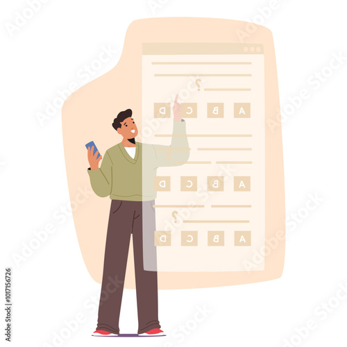 Student Engaged in an Online Exam Featuring Multiple Choice Questions. Character Holds a Smartphone While Selecting