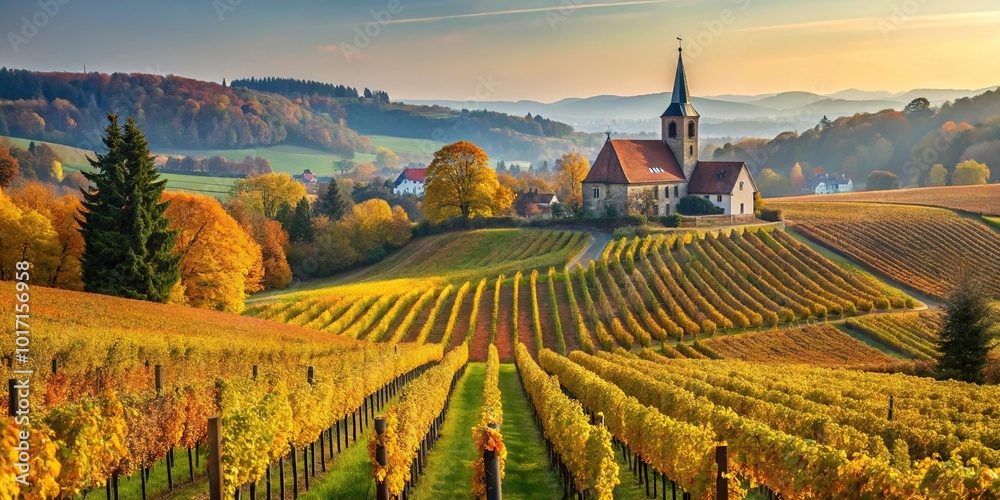 Naklejka premium Autumn landscape with vineyards and church