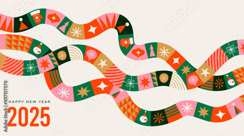 Merry Christmas and Happy New Year modern abstract minimalist geometric style. Christmas colorful illustration in flat cartoon style. Xmas backgrounds with patterns