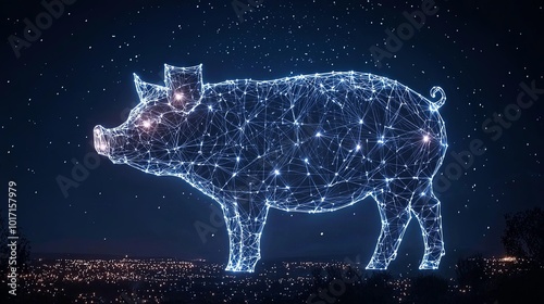 A futuristic pig silhouette embodied by a glowing network of digital lines shines bright in a cosmic nightscape, merging natural symbolism with advanced technology. photo