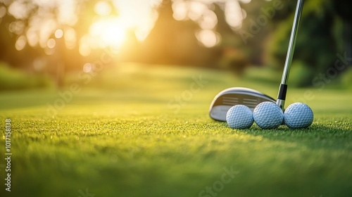 Golf balls and clubs on a lush lawn in the early morning sun on a stunning golf course. Golf equipment in closeup on lush grass. 