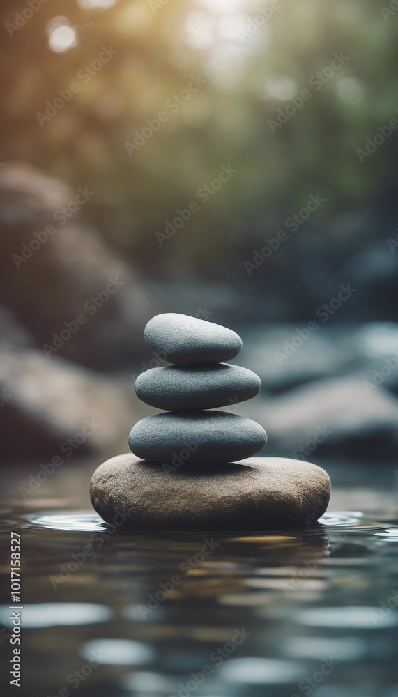Concept of calm meditation surrounded by water with rock stones vertical Concept of calm meditation surrounded by water with rock stones vertical