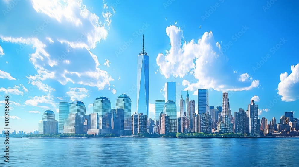 New York, United States. Manhattan's Midtown skyline, New York City. NYC, NY, Manhattan, USA. large American city. The skyline of Lower Manhattan. New Jersey to New York. Blue sky over downtown New York, United States. Manhattan's Midtown skyline, New York City. NYC, NY, Manhattan, USA. large American city. The skyline of Lower Manhattan. New Jersey to New York. Blue sky over downtown