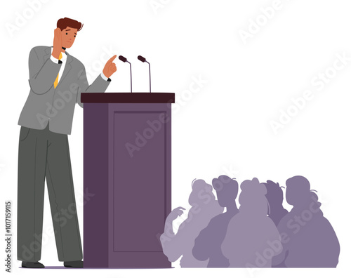 Nervous Man Experiencing Public Speaking Fear At A Podium Facing An Audience. Vector Image Captures Anxiety, Paranoia