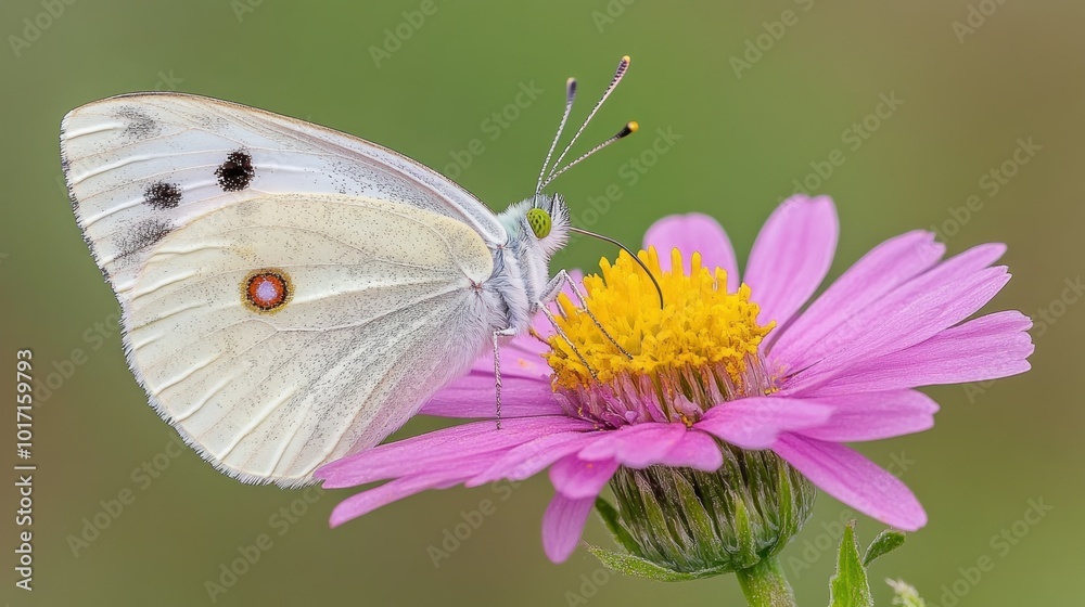 White Butterfly with Black and Red Spots on Pink Flower White Butterfly with Black and Red Spots on Pink Flower