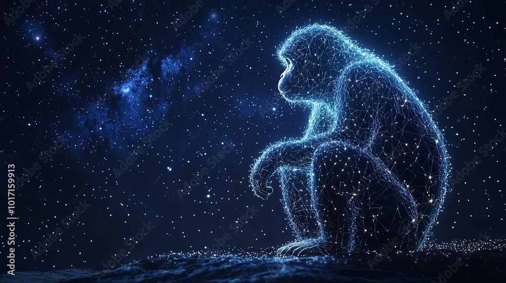 A captivating silhouette of a monkey with a cosmic digital network overlay, blending the natural and artificial in a striking display of silhouetted artistry and imagination. A captivating silhouette of a monkey with a cosmic digital network overlay, blending the natural and artificial in a striking display of silhouetted artistry and imagination.
