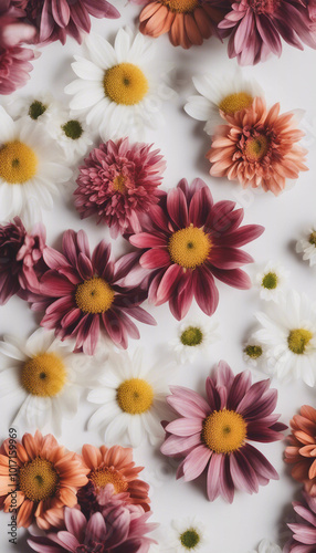Flowers in a flat lay top view Isolated on a white background vertical