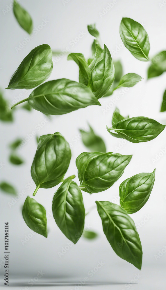 Flying basil leaves on a white background for herbal promotion vertical Flying basil leaves on a white background for herbal promotion vertical