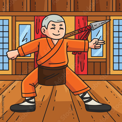 Buddhism Buddhist Shaolin Monk with Spear Colored 