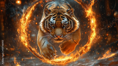 A close-up illustration of a performing tiger jumping through a flaming hoop, with dynamic lines and bright colors to emphasize the action and intensity of the moment