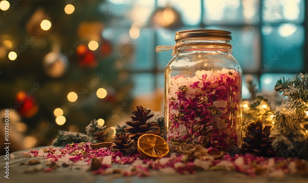 Creating homemade Christmas bath salts with essential oils, dried flowers, and decorative jars for gifting Creating homemade Christmas bath salts with essential oils, dried flowers, and decorative jars for gifting