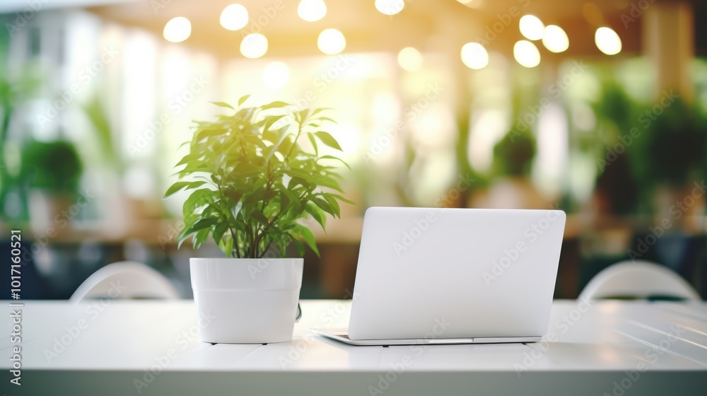 Green plant in a small pot on office table next to a laptop notebook computer. Modern desktop workplace or workspace design Green plant in a small pot on office table next to a laptop notebook computer. Modern desktop workplace or workspace design