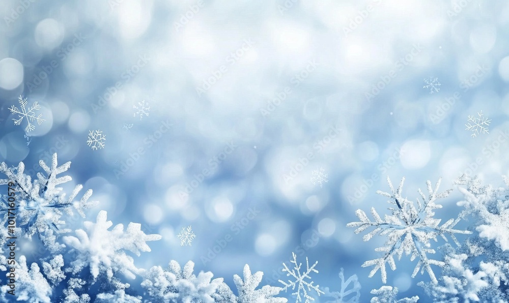 A blue background with snowflakes and a blurry background A blue background with snowflakes and a blurry background