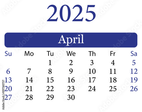 April 2025 Calendar Vector Illustration. Calendar April 2025. Planner vector design. Colorful calendar April 2025. Daily Planner