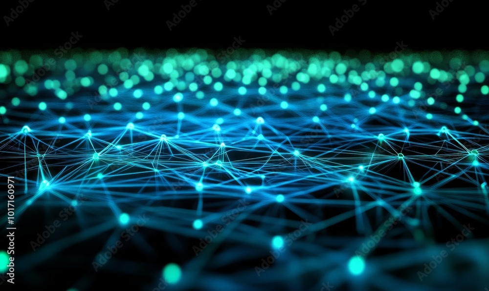 Futuristic Network Lines form a Technical Grid. Blue and Green Connectivity Concept.