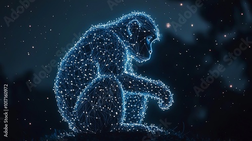 This image displays a monkey formed by interconnected lights within a backdrop of stars, representing transcendence and cosmic allure in a digital art style landscape.