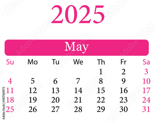 May 2025 Calendar Vector Illustration. Calendar may 2025. Planner vector design. Colorful calendar May 2025. Daily Planner