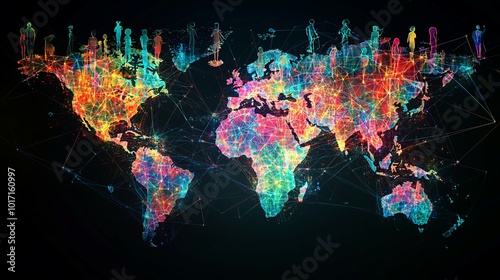 Fototapeta Naklejka Na Ścianę i Meble -  A World Map with Connected People and a Network of Lines