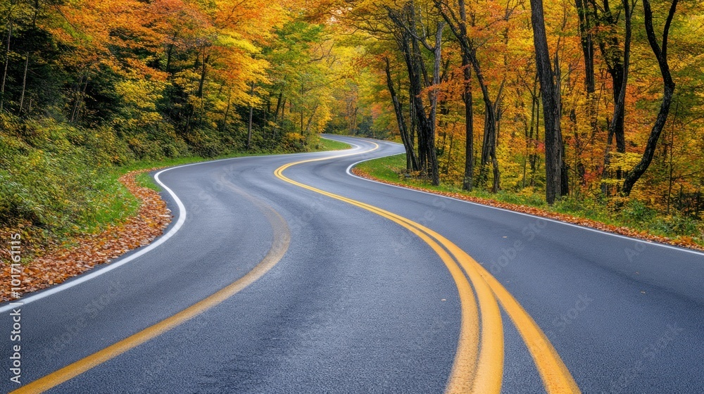 Naklejka premium Winding Asphalt Road Through Colorful Autumn Forest