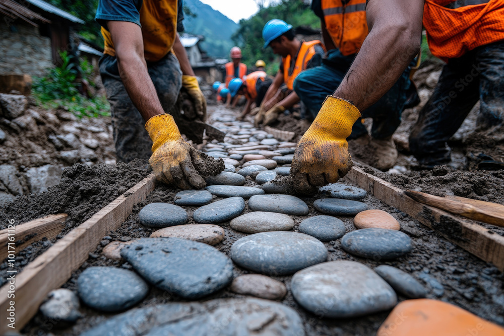 Fototapeta premium Construction workers carefully place stones to create a beautiful and durable cobblestone path, emphasizing teamwork and precision in their craft.