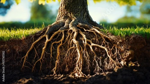 tree showing its deep roots close up in rich soil with green grass Generative AI